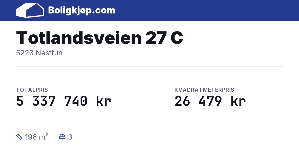 Totlandsveien 27 C, 5223 Nesttun - totalpris og kvadratmeterpris fra Boligkjøp.com