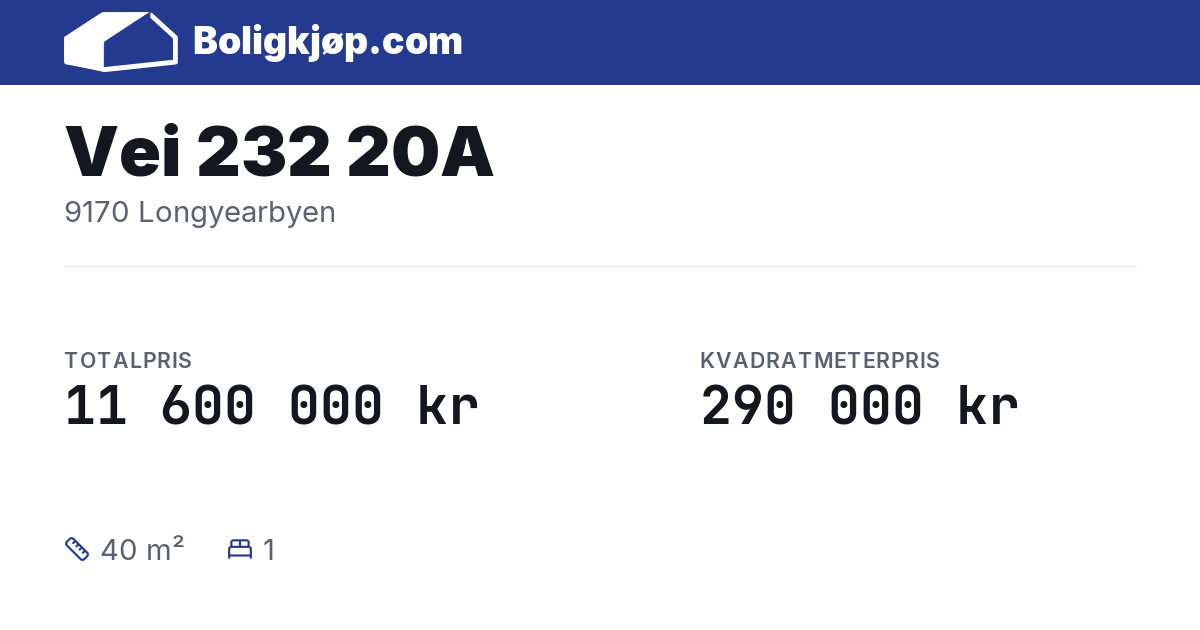 Vei 232 20A, 9170 Longyearbyen - totalpris og kvadratmeterpris fra Boligkjøp.com