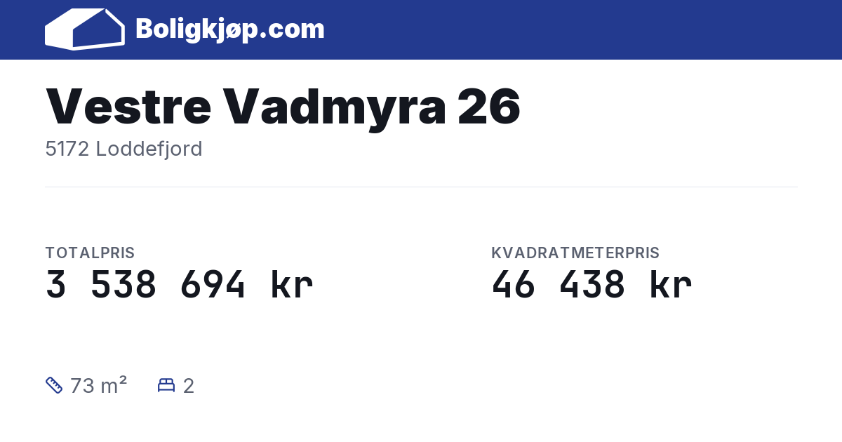 Vestre Vadmyra 26, 5172 Loddefjord - totalpris og kvadratmeterpris fra Boligkjøp.com