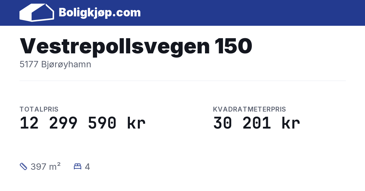 Vestrepollsvegen 150, 5177 Bjørøyhamn - totalpris og kvadratmeterpris fra Boligkjøp.com
