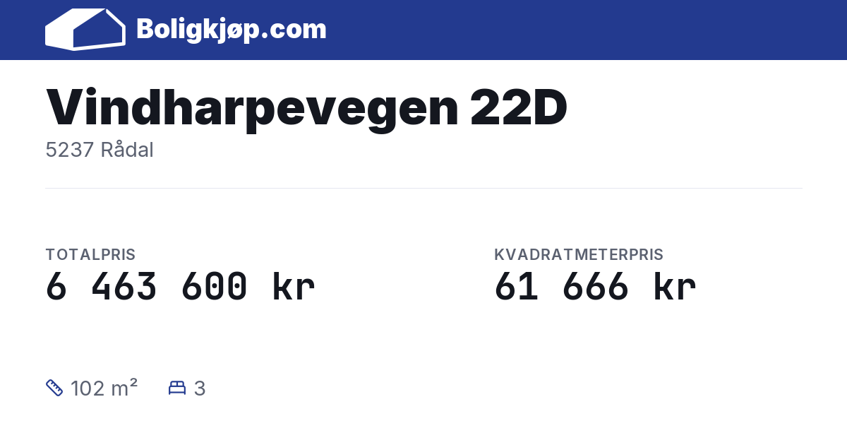Vindharpevegen 22D, 5237 Rådal - totalpris og kvadratmeterpris fra Boligkjøp.com