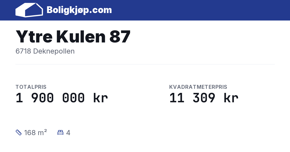 Ytre Kulen 87, 6718 Deknepollen - totalpris og kvadratmeterpris fra Boligkjøp.com